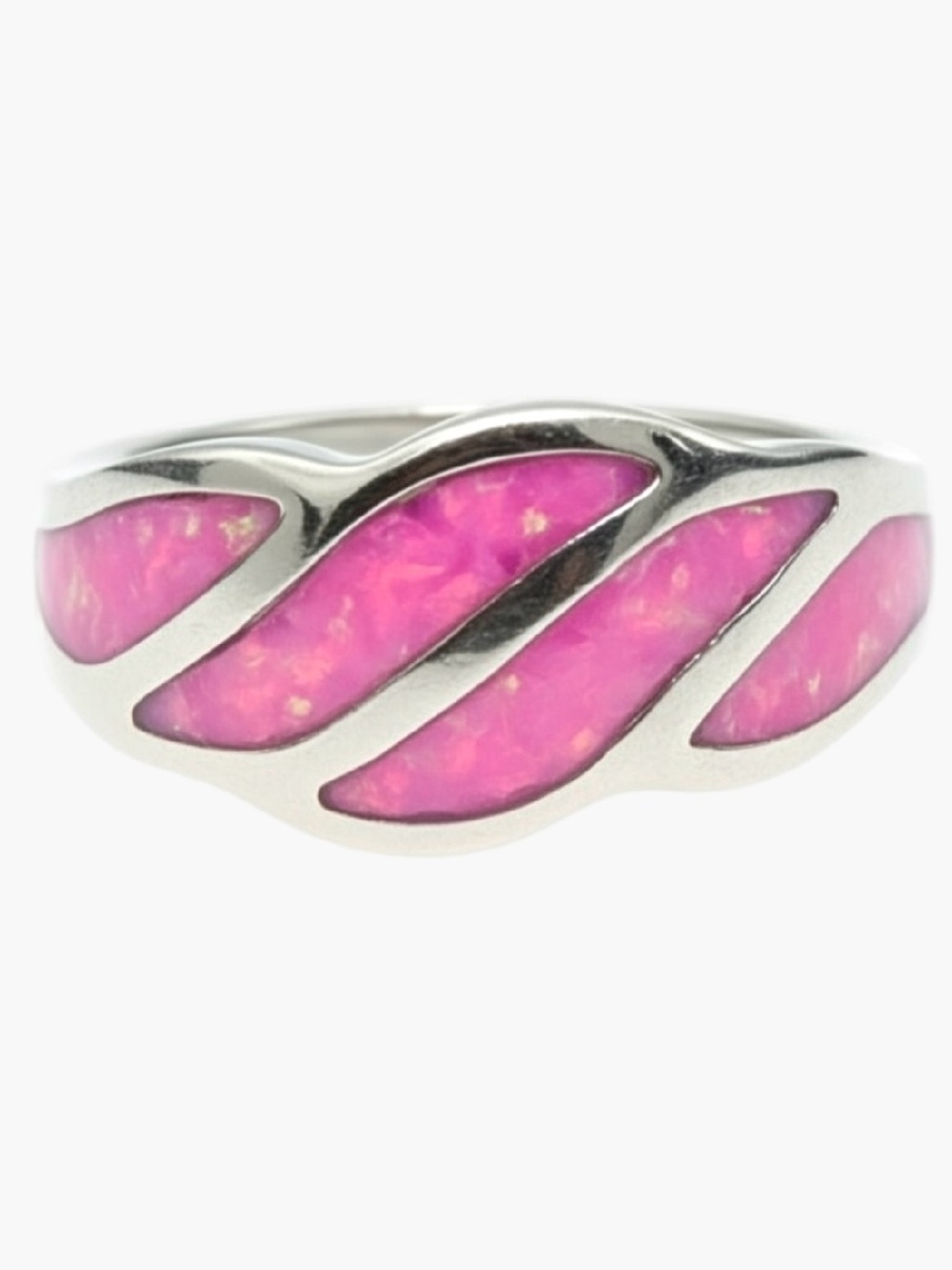 Pink Fire Opal Accent Wave Ring 18K White Gold Filled NWOT